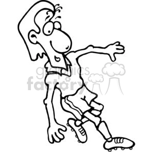 The clipart image features a cartoon of a person playing soccer. The character has an exaggerated expression with a big smile and is depicted in a playful action pose, showcasing a dynamic soccer move with one leg extended and soccer cleats on the feet.
