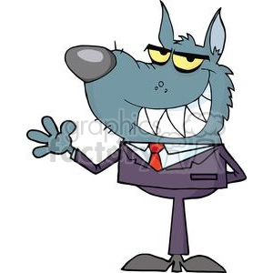This clipart image features an anthropomorphic wolf character dressed in corporate attire with a slight smirk on its face. The wolf is wearing a white shirt, a red tie, and a purple suit jacket. Its demeanor suggests a blend of professionalism with a hint of sneaky or cunning behavior—often used metaphorically for someone in the business world who may be clever or ruthless. The character is waving with one hand, which adds a friendly or welcoming gesture to the depicted wolf.