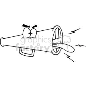 The image is a black and white line drawing of a megaphone with a funny face on it. The face is made up of two eyes with eyebrows raised in a surprised expression and a mouth. The megaphone also appears to be shouting with lines on either side suggesting sound.