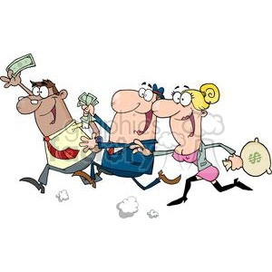 This clipart image features three cartoon-style business people in a humorous depiction of a chaotic rush to give their money.  Possibly to a business venture or product 