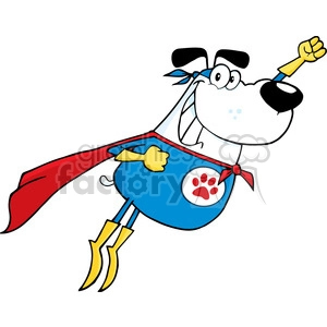 This clipart image depicts a comical superhero dog that appears to be flying. The dog is wearing a blue costume with a red cape and a badge featuring a paw print on its chest. It also sports a blue mask around its eyes and a headband with a matching red ribbon. The costume is complete with a pair of yellow boots with red trim, and the dog has one arm extended forward in a classic superhero pose.
