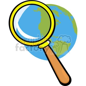The clipart image shows a simplified and stylized illustration of the Earth being observed through a large magnifying glass. The magnifying glass is depicted with a yellow and black rim and a brown handle.