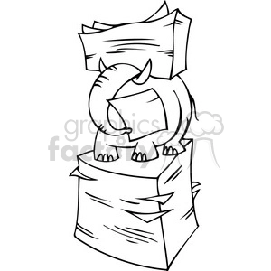 black and white image of an elephant hiding in a stack of papers
