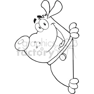 The clipart image depicts a humorous and exaggerated cartoon dog. The dog has a large, bulbous nose, big goofy eyes, a joyful expression with its tongue hanging out, and what appears to be one ear sticking up with its body not shown. The dog is peering around a corner with a large, surprised or excited grin. This comical canine is wearing a blue collar with a yellow tag, emphasizing its pet status. It seems to be peeking into the scene, conveying a sense of playful curiosity or surprise.