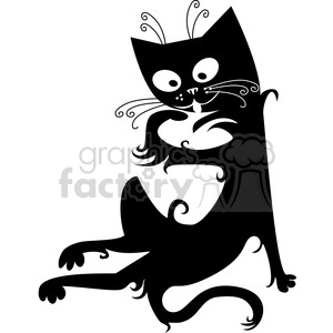 This is a stylized, black and white clipart image of a cat. The cat appears whimsical, with exaggerated features such as large eyes and ornate whiskers and tail. It seems to be sitting and raising one of its front paws to its face, in a pose that suggests it might be licking or grooming itself.