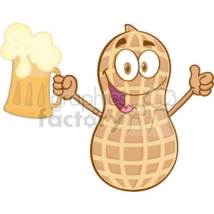 Peanut cartoon mascot character holding a beer with a thumbs up