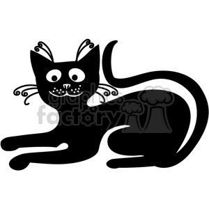 The image is a simple black and white clipart of a stylized black cat. The cat is depicted in a playful or relaxed posture with large, round eyes and whimsical, curly whiskers.
