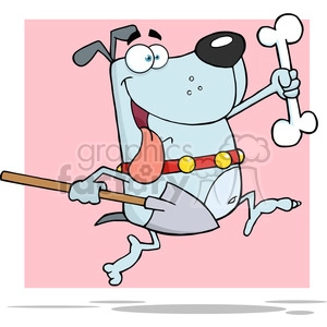 5205-Running-Gray-Dog-With-A-Bone-And-Shovel-Royalty-Free-RF-Clipart-Image