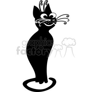 The image shows a stylized black cat clipart with prominent white designs on its face, including swirl patterns for whiskers and ornate curls on its forehead. The cat has a slender body, pointed ears, large eyes, and a tail that curls at the base.