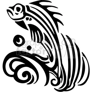 The clipart image displays a stylized fish in a dynamic and artistic form that could be interpreted as jumping or being amidst waves. The design has a bold, tribal or tattoo aesthetics, characterized by the use of solid black shapes and fluid lines that evoke the movement of water and the sinuous form of the fish.