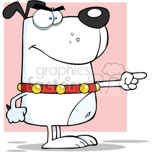 The clipart image features a comical cartoon dog that looks somewhat angry or mad. The dog has prominent eyes,  giving it a slightly grumpy or rebellious appearance. The dog has a frown, a raised eyebrow, and is pointing with its paw as if lecturing or expressing displeasure. It also wears a collar adorned with circular decorations.
