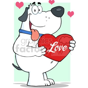 The image is a cartoon depicting a white dog with black spots, holding a large red heart that has the word Love written across it. The dog appears to be cheerful and excited, as seen by its wide smile and enthusiastic expression. In the background, there are several floating hearts, emphasizing the love or Valentine's Day theme.