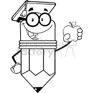 5945 Royalty Free Clip Art Pencil Teacher With Graduate Hat Holding A Red Apple
