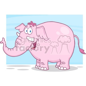 This clipart image features a stylized, cartoonish pink elephant. The elephant appears cheery and animated, with a large, friendly smile, wide eyes, and its trunk playfully curled in the air. The elephant also has a small tuft of hair tied in a bow on top of its head and a thin tail with a tuft at the end. The background suggests a clear, light blue sky with subtle vertical lines and a slight indication of a ground plane or shadow beneath the elephant.