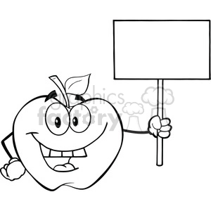 6517 Royalty Free Clip Art Black and White Apple Cartoon Character Holding Up A Blank Sign