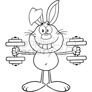 Royalty Free RF Clipart Illustration Black And White Smiling Rabbit Cartoon Character Training With Dumbbells