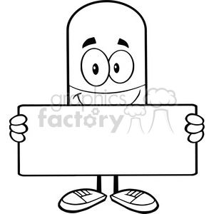 6293 Royalty Free Clip Art Black and White Pill Capsule Cartoon Mascot Character Holding A Banner