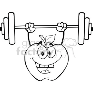 6525 Royalty Free Clip Art Black and White Apple Cartoon Character Lifting Weights