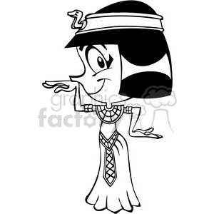 This image is a black and white clipart of a character dressed in ancient Egyptian attire. The character has distinct features characteristic of Egyptian art such as heavy eyeliner and a headdress, which includes a cobra symbol commonly associated with pharaonic regalia. The person is adorned with a necklace and appears to be wearing a long garment with patterns indicative of that era.