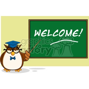 The clipart image features a cartoon owl wearing glasses, a blue graduation cap, and a bow tie. The owl is holding a pointer in its wing, and next to it is a green chalkboard with the word WELCOME! written on it. The background is a simple cream color.