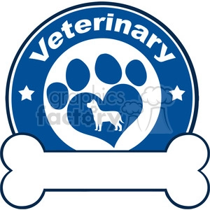 The image depicts a veterinary-themed logo that is circular in shape, mainly in blue and white. At the center, there's a large paw print with a heart in the middle, inside of which is the silhouette of a dog. Around this central graphic, the word Veterinary is prominently displayed in a bold arc at the top of the circle. The design includes two stars, one on either side of the paw print. At the bottom of the circle extends a large dog bone graphic, which acts as a foundation for the circular logo. The overall appearance gives a professional yet friendly look, associated with pet care and veterinary services.