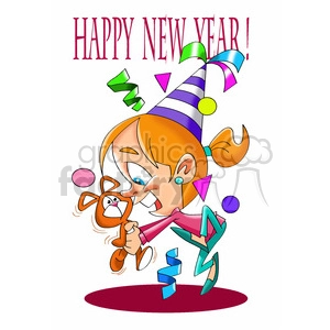 This clipart image features a cartoon of a child celebrating New Year's. The child is depicted with a party hat, blowing a noisemaker, and surrounded by confetti and party streamers. The image conveys a sense of joy and festive atmosphere with its bright colors and dynamic pose of the character.
