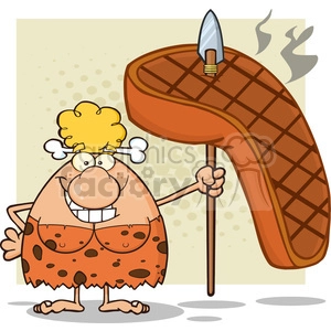 9974 smiling cave woman cartoon mascot character holding a spear with big grilled steak vector illustration