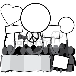 This clipart image depicts a group of stylized people participating in a protest or demonstration. They are holding up various signs and symbols associated with peace and love. The signs are blank, allowing for customization or the addition of specific messages. Among the signs, there is a peace symbol and a heart shape. Additionally, one of the figures is holding up a megaphone, suggesting the action of speaking or chanting during the protest.