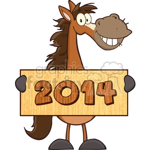 The image is a cartoon-style clipart featuring a smiling horse holding a sign. The sign displays the number 2014, which is likely indicating the year. The horse appears to be standing upright on its hind legs, using its front hooves to hold the sign. The image is colorful and whimsical, suitable for festive or celebratory occasions related to the year 2014, possibly indicating the Chinese Zodiac Year of the Horse.