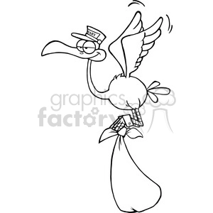 The clipart image depicts a cartoon stork with a large beak, wearing a cap labeled BABY, indicating its role as a baby-delivering bird, a common folktale. The stork is saluting with one wing and carrying a cloth bundle tied with a bow, traditionally representing a baby being delivered. The image is styled in a humorous and exaggerated manner typical of funny animal cartoons.