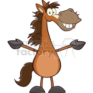 The clipart image depicts a cartoon horse standing on its hind legs with both front hooves outstretched as if gesturing or presenting something. It has a large, wide smile and its tongue sticking out, giving it a goofy and cheerful expression. The horse has a brown coat, a darker mane and tail, and is wearing what appears to be black horseshoes.
