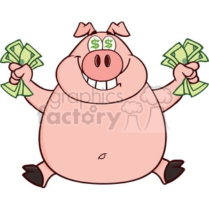 The clipart image features a cartoon representation of a pig standing upright and smiling wide. The pig has prominent eyes with dollar sign symbols in them, which typically suggest wealth or financial interest. It's holding a wad of green cash bills in each of its front hooves, giving off an impression of being wealthy, well-compensated, or perhaps symbolizing greed or financial success.