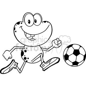 The image is a black and white clipart depicting a cartoon frog playing or about to play soccer. The frog is standing on two legs and is characterized by a big smiling face with prominent eyes. The frog is wearing soccer shoes and there's a soccer ball to its right side.