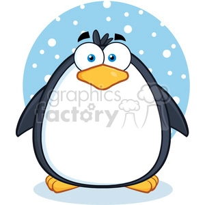 The image shows a cute and funny cartoon penguin. The penguin appears to be standing against a backdrop of falling snow with a blue sky behind it. It has large eyes, a yellow beak, and a plump body, which adds to the comical and whimsical nature of this illustration.