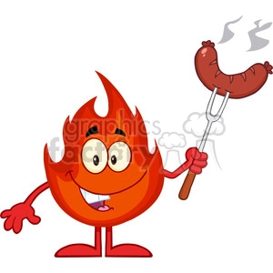Royalty Free RF Clipart Illustration Happy Fire Cartoon Mascot Character With Sausage On Fork Cook