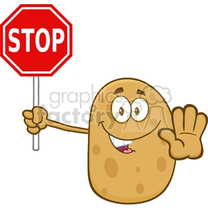 8796 Royalty Free RF Clipart Illustration Potato Cartoon Character Holding A Stop Sign Vector Illustration Isolated On White