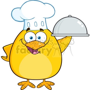8610 Royalty Free RF Clipart Illustration Chef Yellow Chick Cartoon Character Holding A Platter Vector Illustration Isolated On White