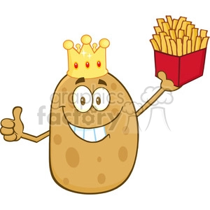 8789 Royalty Free RF Clipart Illustration Smiling King Potato Cartoon Character Holding Fries And Giving A Thumb Up Vector Illustration Isolated On White