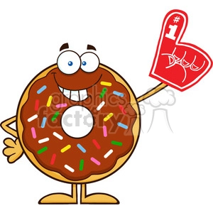 8699 Royalty Free RF Clipart Illustration Smiling Chocolate Donut Cartoon Character With Sprinkles Wearing A Foam Finger Vector Illustration Isolated On White