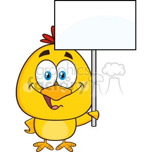 The image depicts a cartoon of a cute, yellow chick (chicken character). It has big blue eyes and a happy expression. The chick is holding a blank protest sign, which can be customized with text for various purposes. The sign is on a stick held in its wing, and the chick appears ready for a protest or demonstration, albeit in a friendly, non-threatening manner.