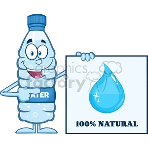 The clipart image features an anthropomorphic plastic water bottle with a face, arms, and legs. The bottle has bubbles inside, and its label reads WATER. The bottle character is pointing to a sign that shows a water droplet and the phrase 100% NATURAL.