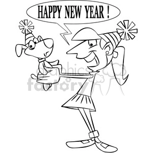 black and white vector art of girl telling her pet happy new year cartoon