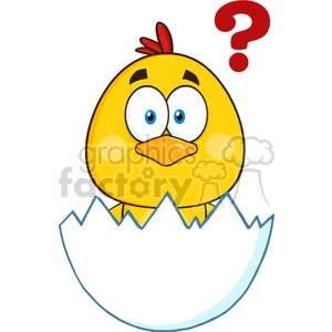 royalty free rf clipart illustration cute yellow chick cartoon character hatching from an egg with question mark vector illustration isolated on white