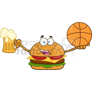 illustration happy burger cartoon mascot character holding a beer and basketball vector illustration isolated on white background