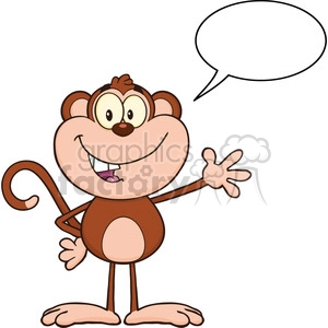 royalty free rf clipart illustration cute monkey cartoon character waving for greeting and speech bubble vector illustration isolated on white