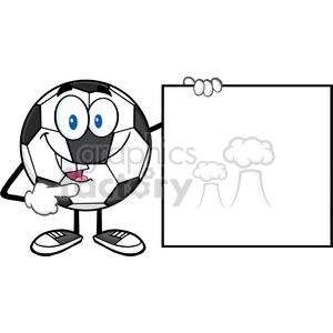 talking soccer ball cartoon mascot character pointing to a blank sign vector illustration isolated on white background