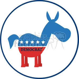 The clipart image shows a stylized donkey in blue and red, with white stars, inside a blue circular border. The donkey represents the symbol of the Democratic Party in the United States. The word DEMOCRAT is prominently displayed across the donkey's body. 