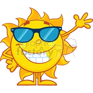 The clipart image features an anthropomorphized sun character. The sun has a big, cheerful smile showing white teeth and is wearing cool dark sunglasses. It has a face, arms, and legs suggested through the lines, and one arm is raised in a friendly wave. The sun's rays extend outward, giving it a spiky appearance.