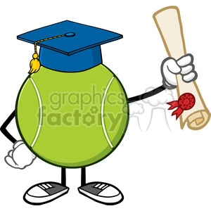tennis ball faceless cartoon mascot character with graduate cap holding a diploma vector illustration isolated on white background