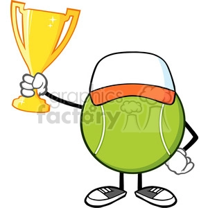 tennis ball faceless cartoon mascot character with hat holding a trophy cup vector illustration isolated on white background
